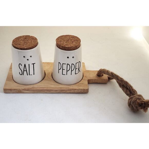 SALT & PEPPER/PIER 1-Set of Shakers With Wood Board Stand-Cork Tops-Set of 3 - Picture 8 of 10